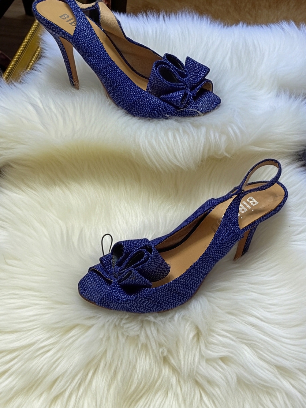 BiBi Lou Deep Royal Blue Textured Peep-Toe Slingback Heels with Bow EU 39